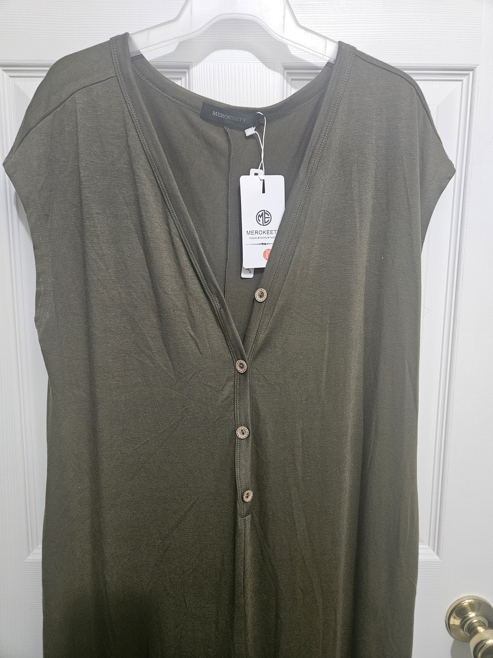 Merokeety Olive Green Button-Front Jumpsuit